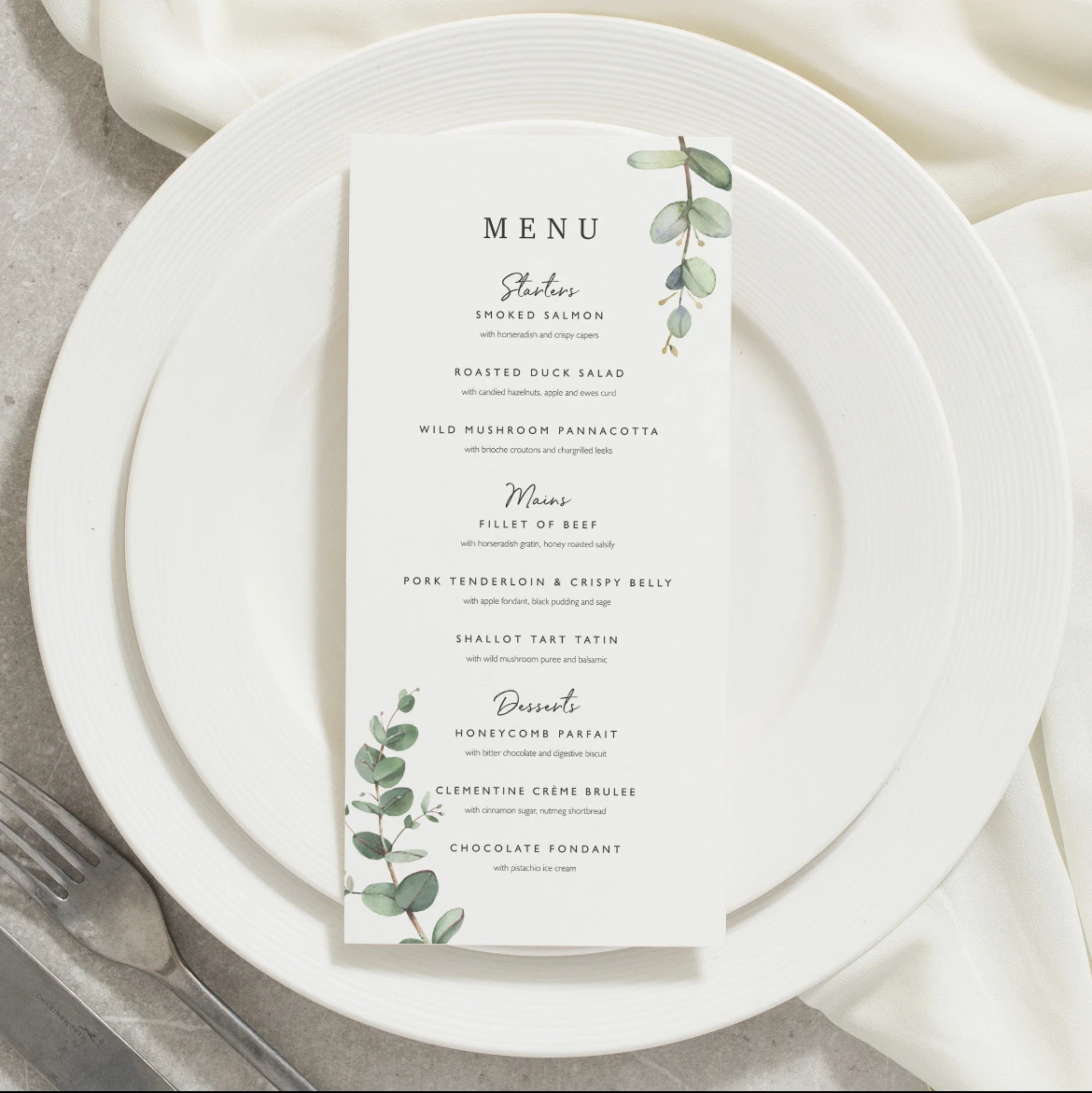 Wedding Dinner Floral Eucalyptus Greenery Menu cards with place card