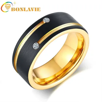 

BONLAVIE Grooved Two Zircon Tungsten Steel Rings IP Black Gold Plating High Polished Aaa Cubic Zirconia 8mm Men Rings