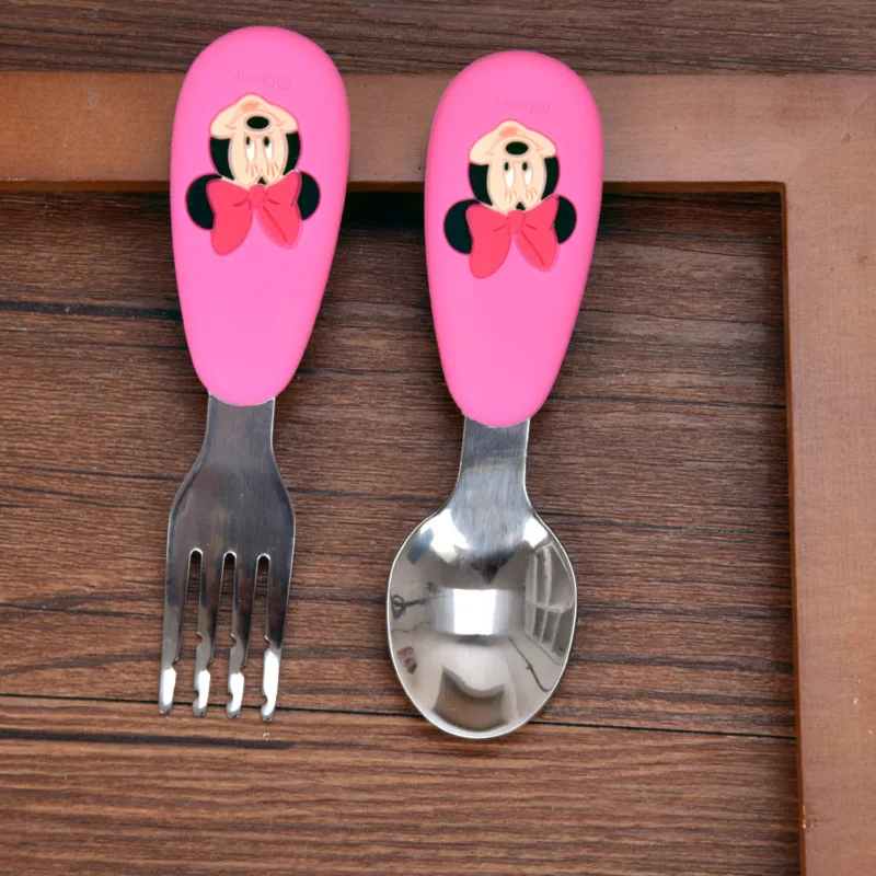 

Disney Stainless Steel Fork And Spoon Set Spoon Fork Baby Spoon CHILDREN'S Tableware Portable Silicone Handle Spoon Fork