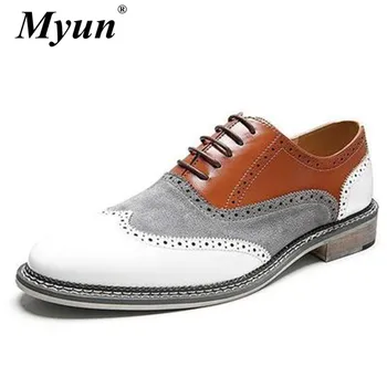 

Genuine Leather Oxford Shoes Men Brogues Shoes Lace-Up Pointed Toe Bullock Style Wedding Dress Shoes Male Formal Business Shoes