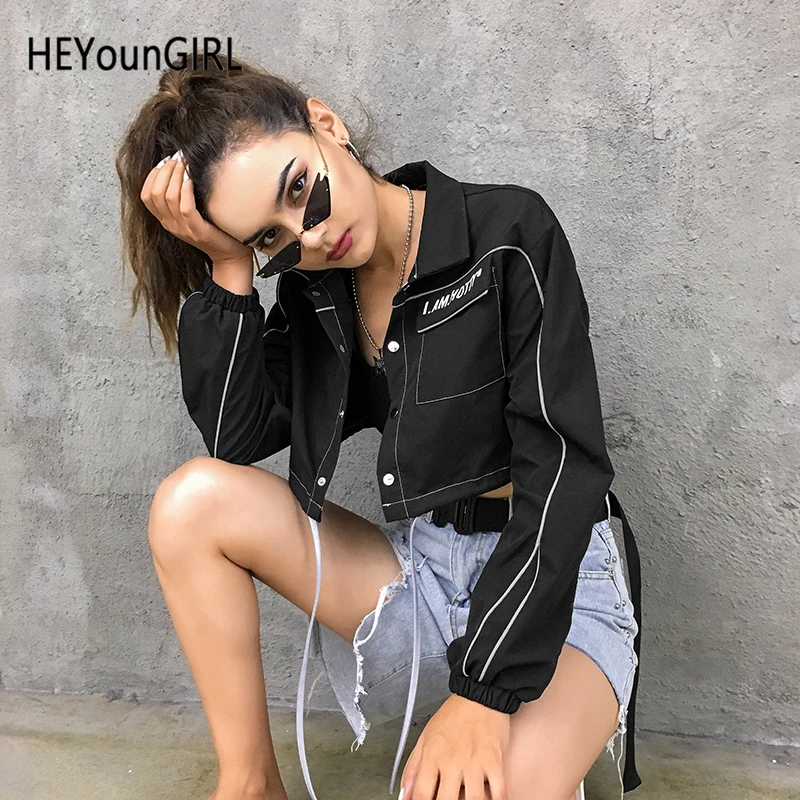 HEYounGIRL линии Светоотражающие Harajuku короткая куртка черные с длинным рукавом печатных пальто и куртки для женщин Drawstring повседневное пальто