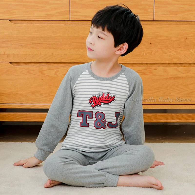 100% Cotton Dinosaur Pajamas for Boys 2-14Y Teen Kids Sleepwear Grey Navy Blue Striped Pijamas Set Winter Child Girls Pyjamas elegant pajama sets Sleepwear & Robes