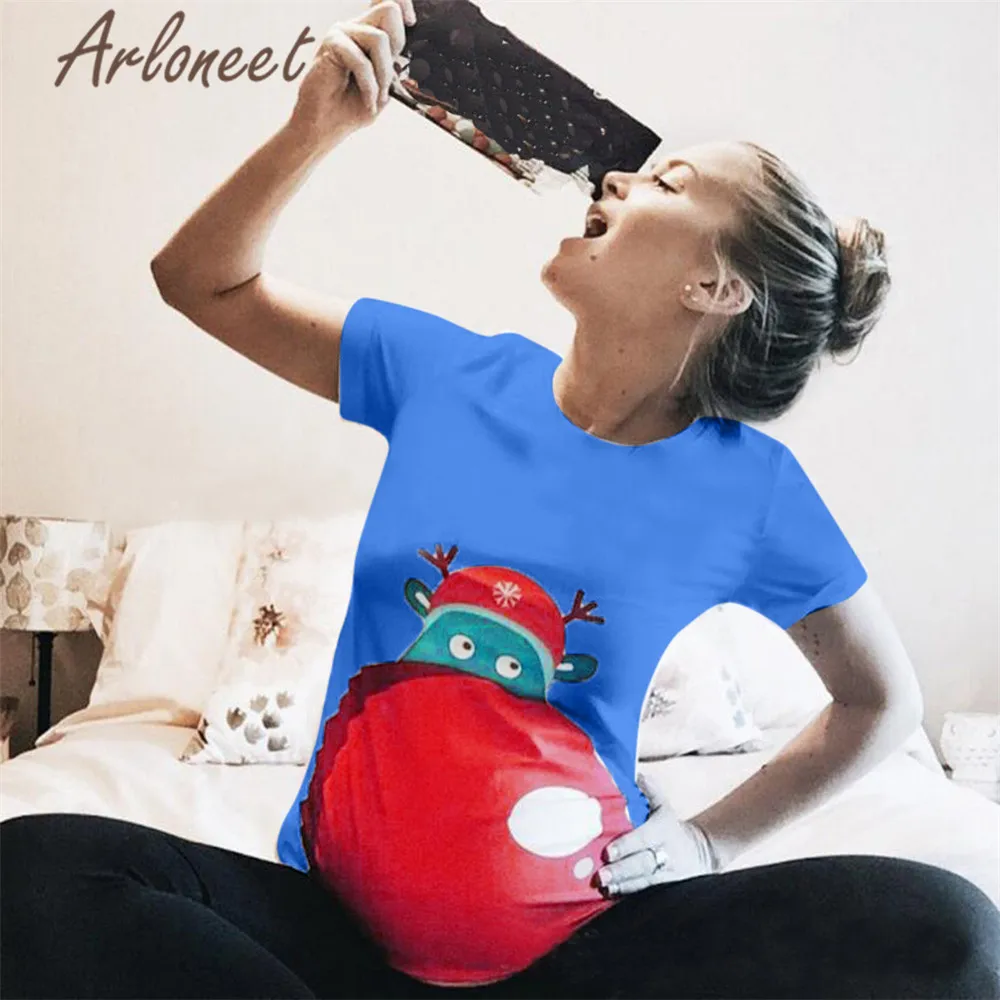 ARLONEET/Рождественская одежда для женщин; хлопковые топы для беременных; зимняя футболка с рисунком лося и носа; топы с короткими рукавами; женская одежда для беременных