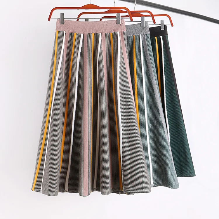 Fall winter striped thickening warm thermal knitted umbrella a line skirt for women womens knit skirts saia saais green grey