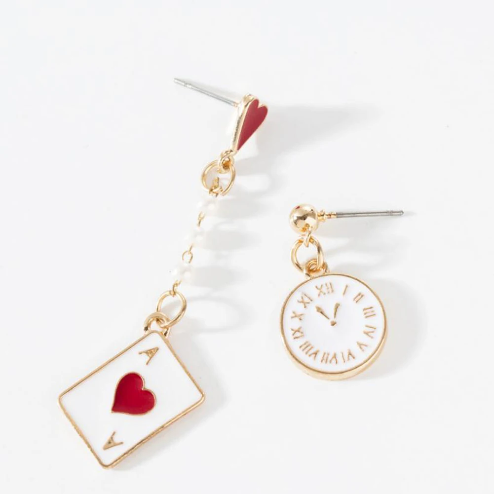 1Pair Gold Red Peach Alice Dream Clock Dangle Earrings Poker Card Asymmetrical Earring Long Created Pearl Fashion Jewelry | Украшения и