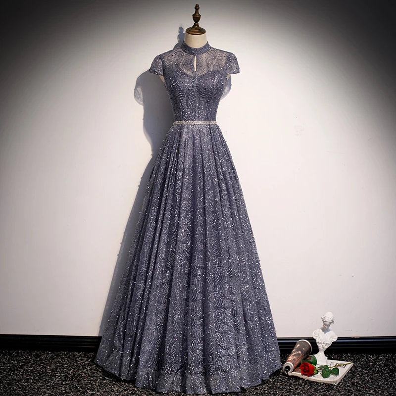 

SSYFashion New Shining Evening Dress Stand Collar Glorious Formal Gown A-Line Backless Floor Length Dress Vestidos De Fiesta