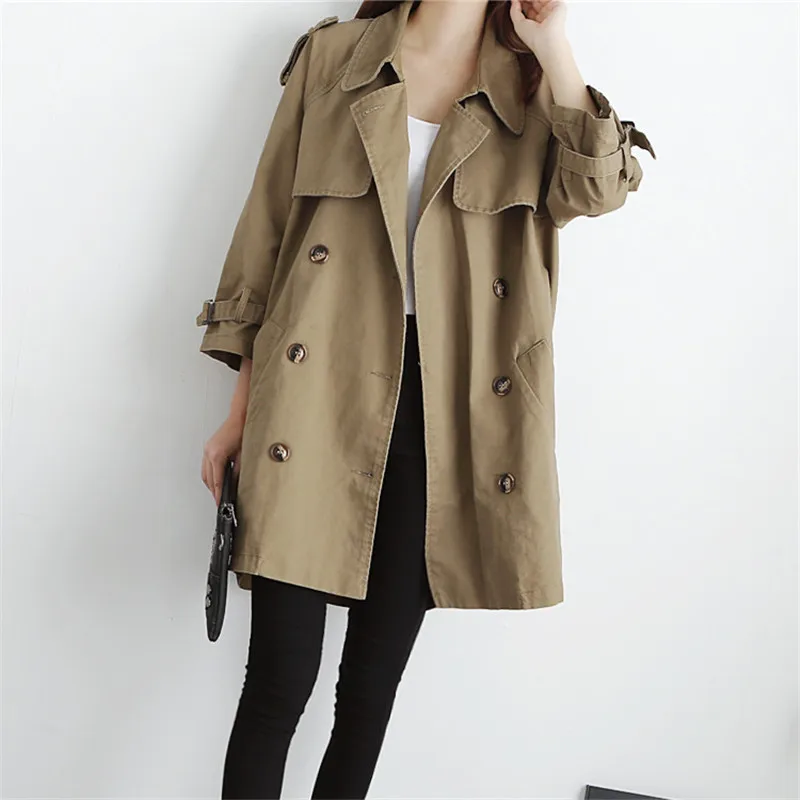 

3/4 sleeve Mid-length Double breasted Windbreaker Coat Female Spring Autumn New Loose Plus size Elegant Khaki Women Trench coat