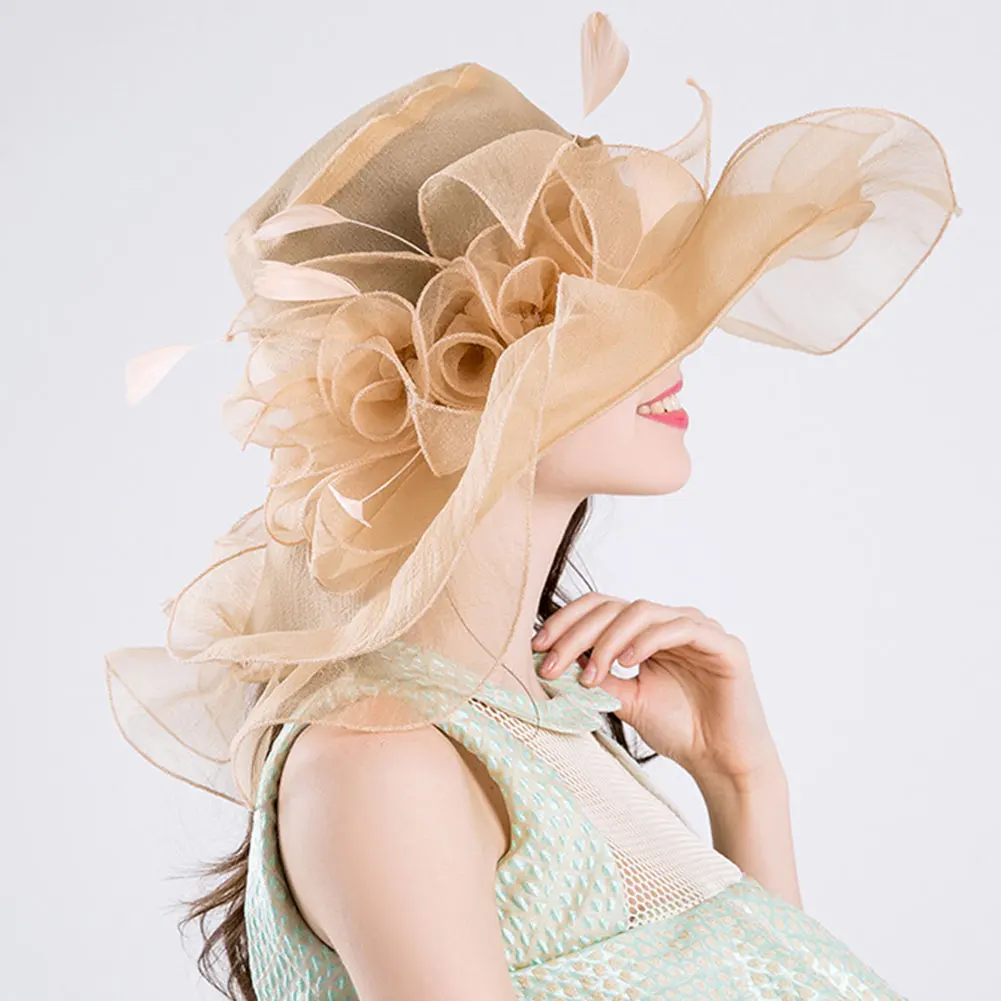 Женская официальная Свадебная вечеринка из органзы, Пляжная Цветочная церковная шляпа с большими широкими полями, ультрафиолет, элегантная летняя модная шляпа от солнца - Цвет: Бежевый