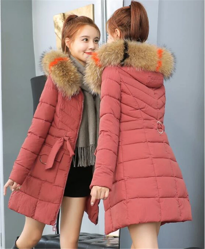 Зимняя женская куртка, пальто, цветной меховой воротник, женские парки, толстая подкладка с хлопковой подбивкой, женские тонкие парки с поясом CQ2409
