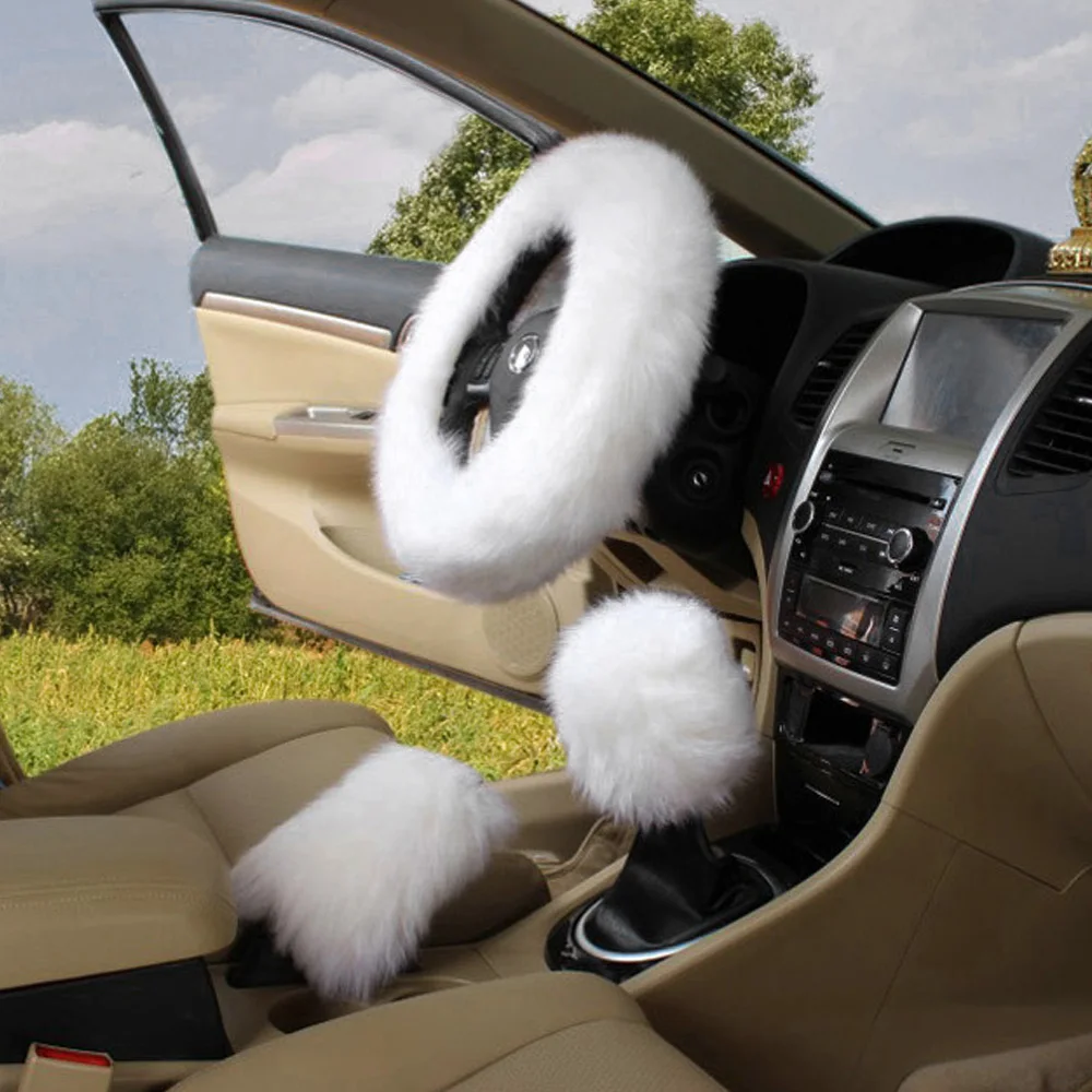 3Pcs/Set Winter Long Wool Car Steering Wheel Gear Knob Shifter Parking Brake Cover Warm Soft Plush Women Auto Accessories 6Color