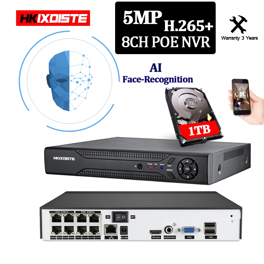 

HKIXDISTE 8CH 5MP Network POE 48V 802.3af IP camera security Surveillance NVR Audio In video Sound Recorder FTP Remote App Onvif