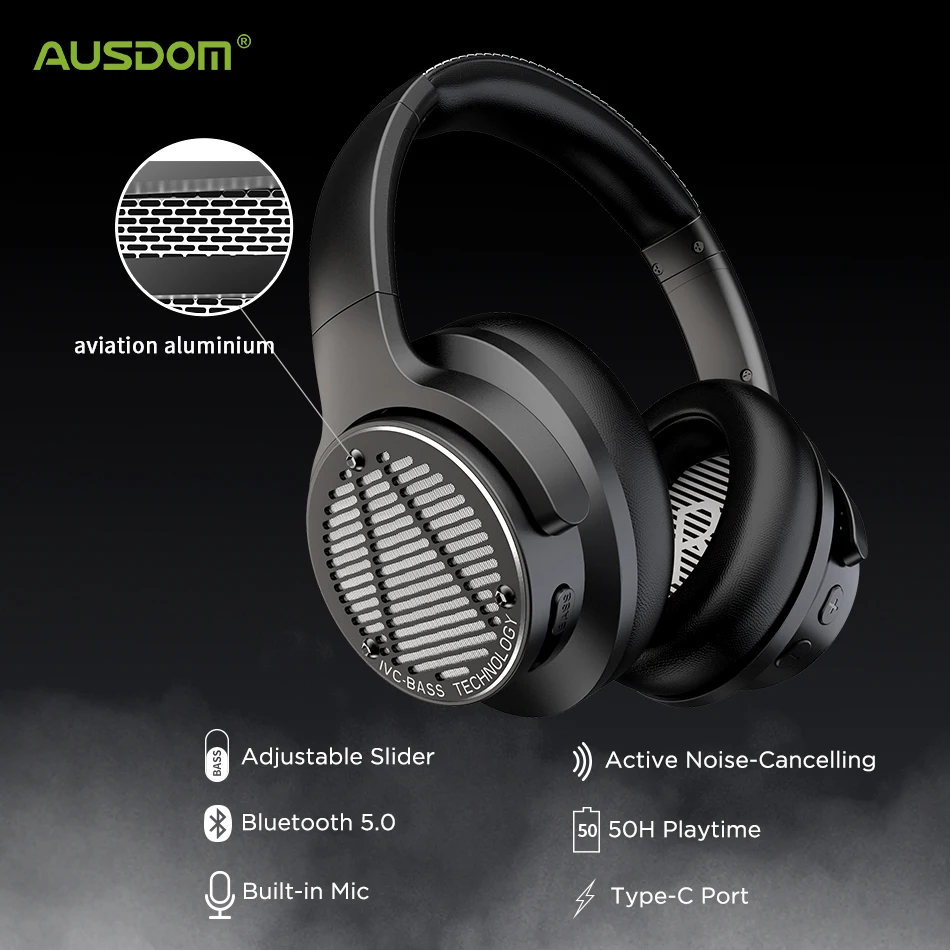 Fones de Ouvido com Cancelamento de Ruído Ativo com Super Fones de Ouvido um sem Fio Ausdom Baixo Graves Profundos Bluetooth 5.0