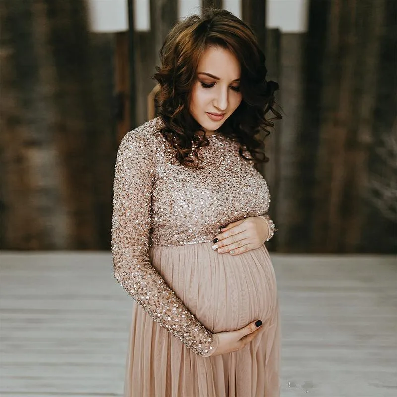 robe de soiree A Line Prom Dresses Empire Sequins Long Sleeves Short Pregnant Prom Dresses Plus Size Formal Dresses