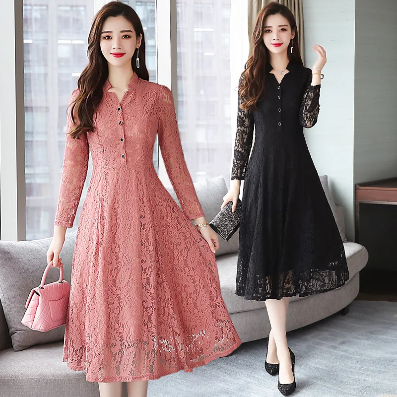 

Autumn Clothing New Style Lace Slim Fit Elegant Base WOMEN'S Dress Solid Color Long Sleeve Large Size Dress Women's