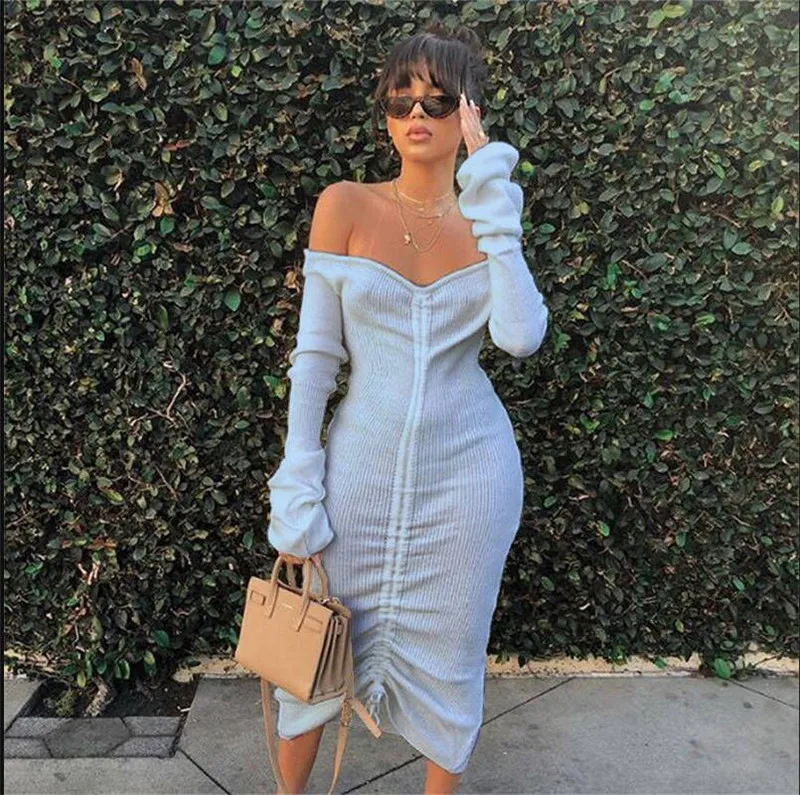 

Women Solid Color Dress, Autumn and Winter Long Sleeve Drawstring Off-the-shoulder One-piece Clothes Loose Plus Size Dress