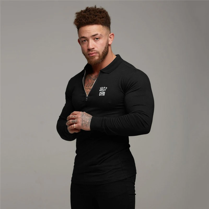 Бренд Just Gym, рубашки поло для бодибилдинга, мужские облегающие поло с длинным рукавом, homme, для фитнеса, быстросохнущие, осенние Рубашки поло с отложным воротником