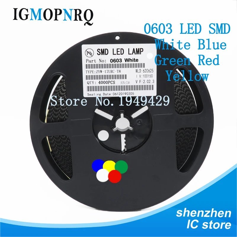 1 릴 4000pcs 0603 SMD LED 라이트 옐로우 레드 그린 블루 화이트, 신..