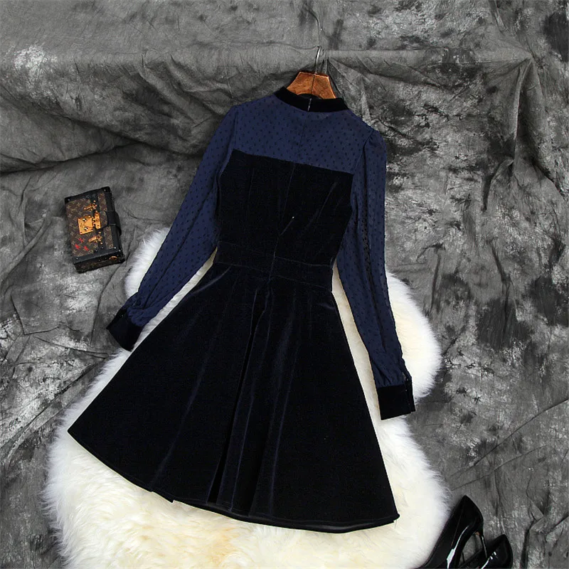 Новое Брендовое модное дизайнерское подиумное осеннее платье для женщин Vestidos с длинным рукавом шифоновое лоскутное винтажное повседневное велюровое платье