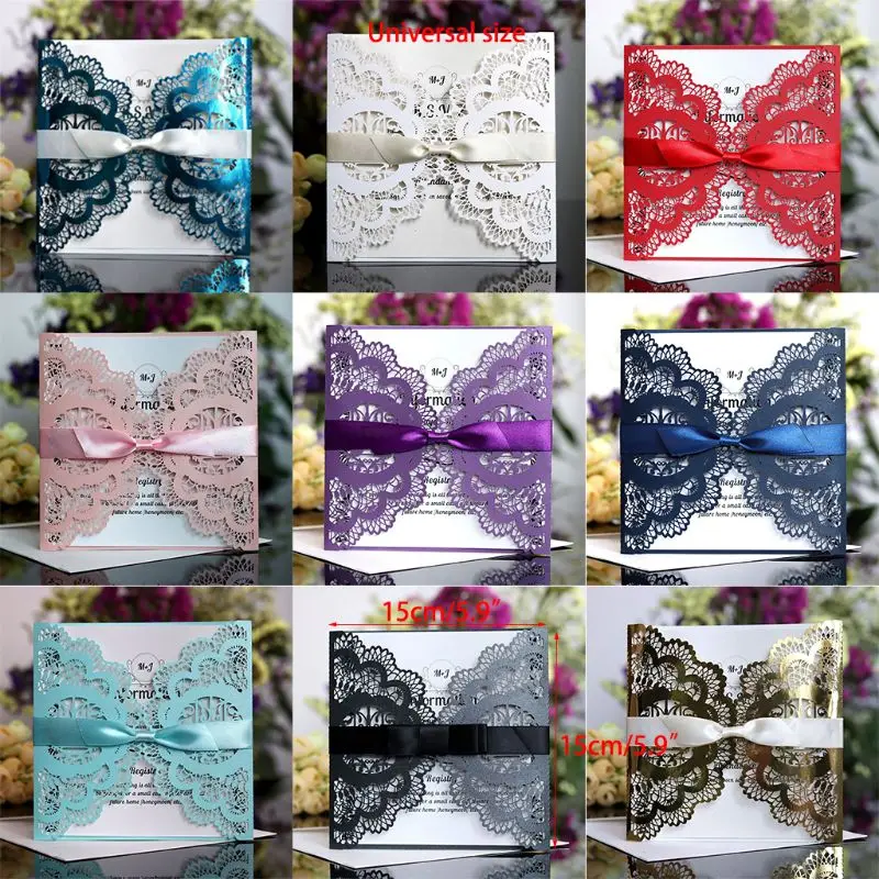  50pcs Wedding Invitation Card with ribbon Laser Cut Floral Glittering Engagement Baptism Invitation - 4.00036E+12