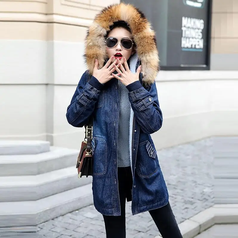 Brown fur NewEuropean женская зимняя джинсовая куртка с капюшоном и большим меховым воротником Джинсовая Куртка женская теплая шерстяная подкладка джинсовое пальто для женщин большой размер 5XL - Цвет: Brown fur