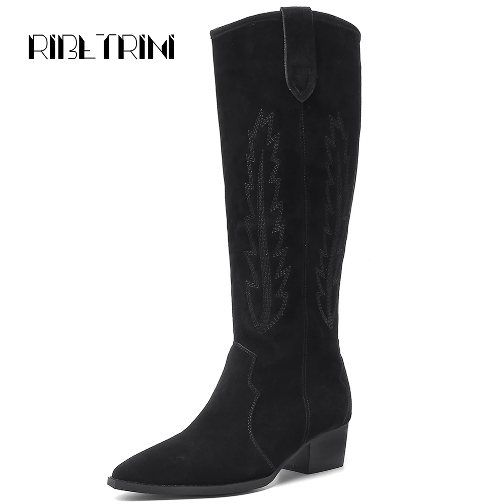 

RIBETRINI Vintage Chelsea Boots Women Trunky Heel Cow Suede Shoes Woman Pointed Toe Knee High Boots Women Plus Size 34-46