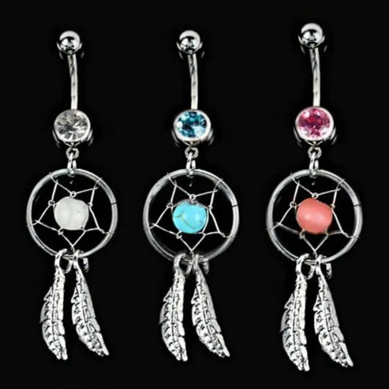 1pcs Colorful Crystal 3 Styles Dangle Stainless Steel Dream Catcher Belly Button Ring navel piercing jewelry