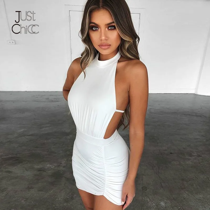 Justchicc White Mini Sexy Dress Women Autumn Backless Halter Bodycon Dresses Female Slim Sleeveless Ruched Bandage Dress