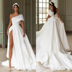 Sexy New Fashion Plus Size Wedding Dresses One-Shoulder High Split Appliques Lace Bridal Gowns Sweep Train Organza Wedding Dress
