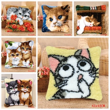 

Three Cats Latch Hook Pillow Smyrna For Flowers Carpet Cushion Button Package Latch Hook Kits Embroidery Do-It-Yourself Carpet