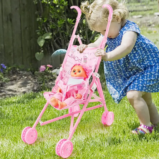 1 Set High-quality Kids Doll Pushchair with Baby Doll Baby Cart Toy Smooth Edges  Easy-Fold 4