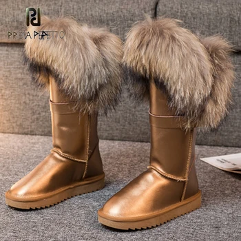 

2020 Winter New Fur Inner Heightening Middle Tube Snow Boots Fox Fur Leather Waterproof Thickening Flat Heel Ladies Cotton Shoes