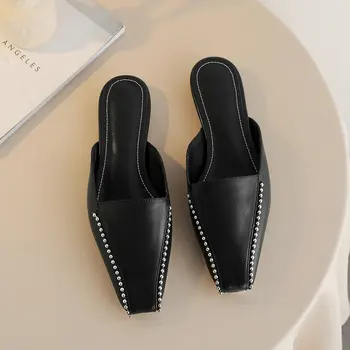 

Retro Square Toe Mules Shoes Women Genuine Leather Flat Slippers Female White Black Spring New Shoes Size 33-41 Lazy Shoes