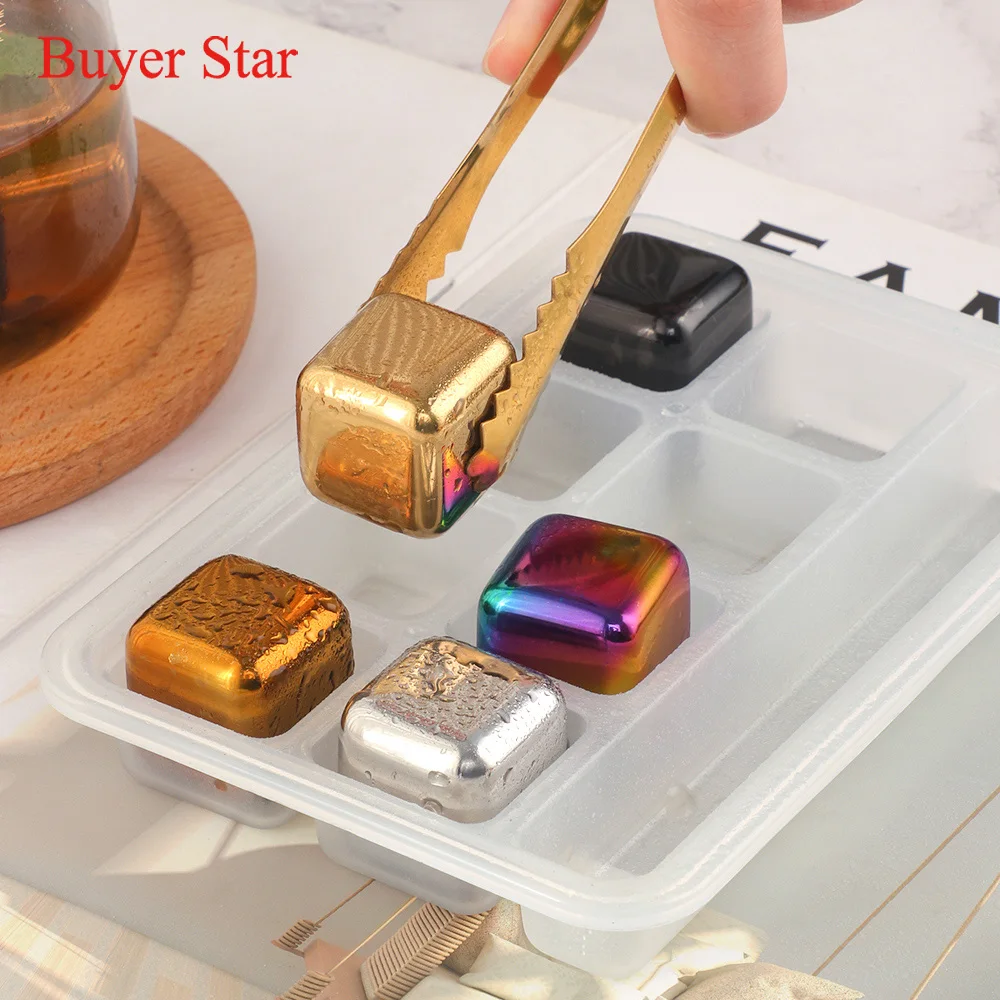 4/6/8Pcs Gold Stainless Steel Ice Cubes Beer Cooler Metal Chilling Stones for Whiskey With Storage Tube Ice Tongs Bar tools