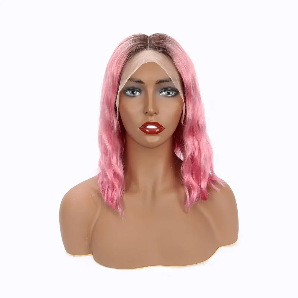 Hot Pink Парики из натуральных волос на кружеве T1B/613 блонд короткий Боб объемная волна бразильские волосы remy Предварительно выщипанные волосы 130% плотность 4x13 - Цвет: Hot Pink