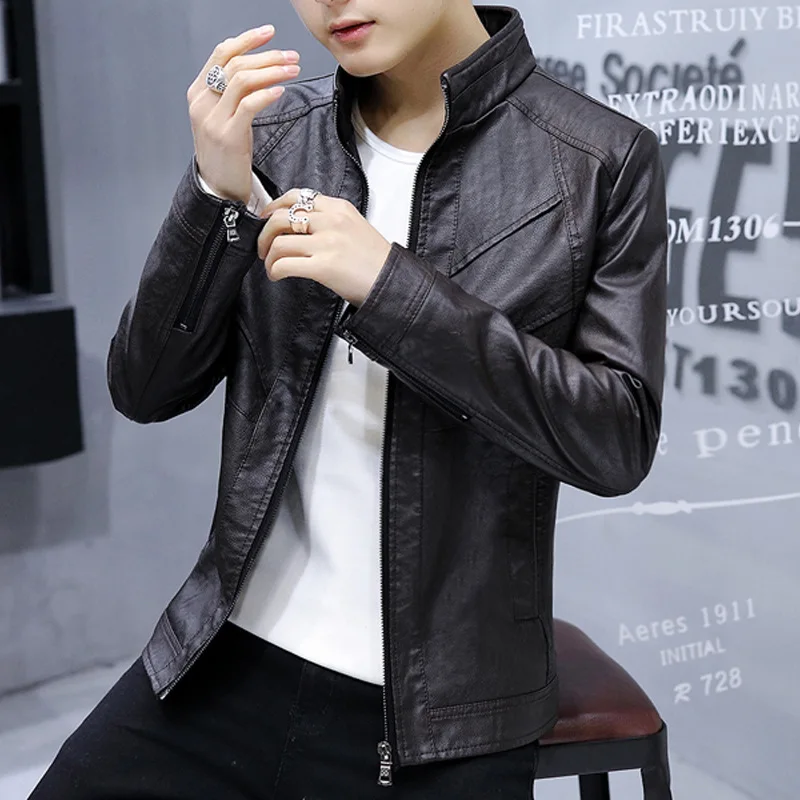 

Men Smart Casaul Slim Fits Spring Autumn Overcoats Outwear Size M-5XL Fashion Tide Men Stand Collar Faux Leather Jackets Coats