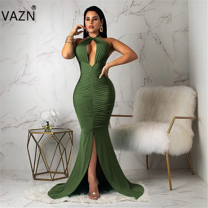 

VAZN FM1011 new product 2019 summer sexy lady 4colors floor-length dress halter trumpet slim solid dress lady night party dress
