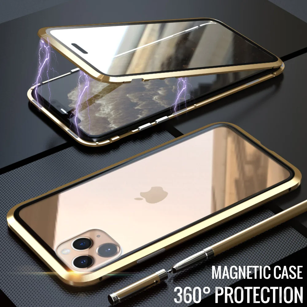 Магнитный металлический чехол для iPhone 11 Pro Max X XR XS MAX, Магнитный чехол из закаленного стекла 360, двусторонний чехол для iPhone 8, 7, 6, 6S Plus