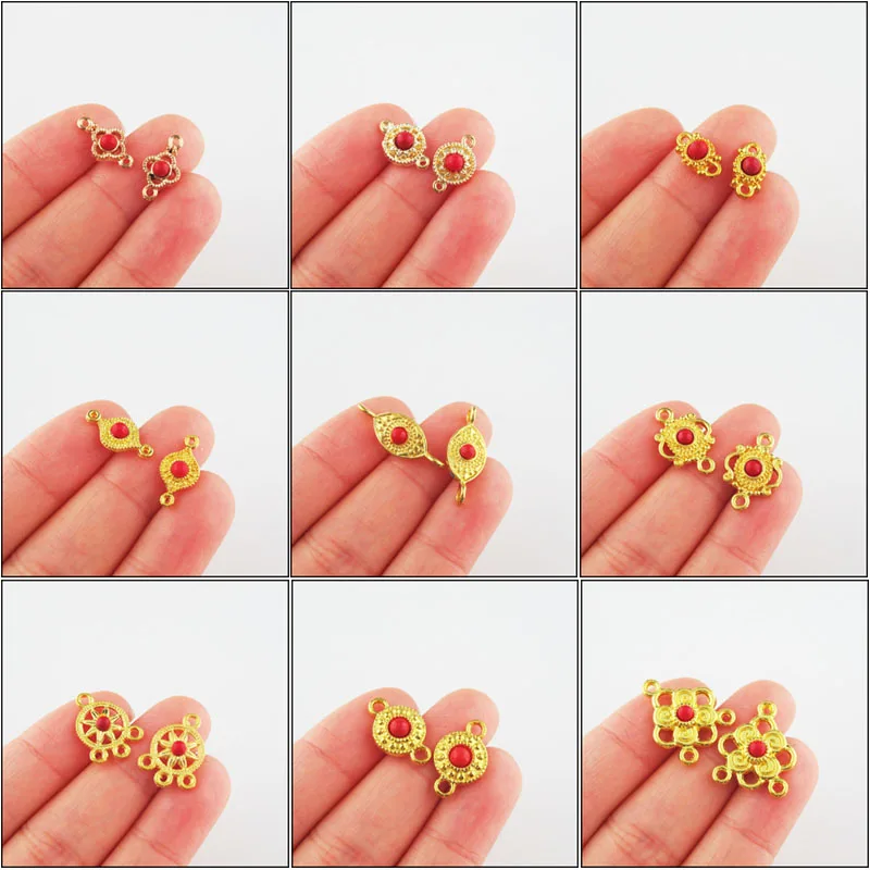 

New Clover Flower Crown Oval Round Eye Red Turquoise Stone Charms Connectors Gold Color Pendants Retro