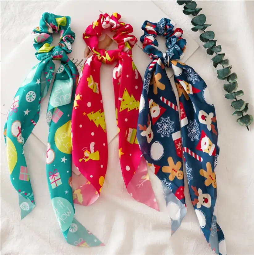 Рождественские резинки для волос, корейские Цветочные Мягкие Ленты-бантики для волос, женские резинки для волос, резинки для волос, канатные резинки, заячьи ушки, головные уборы для девочек
