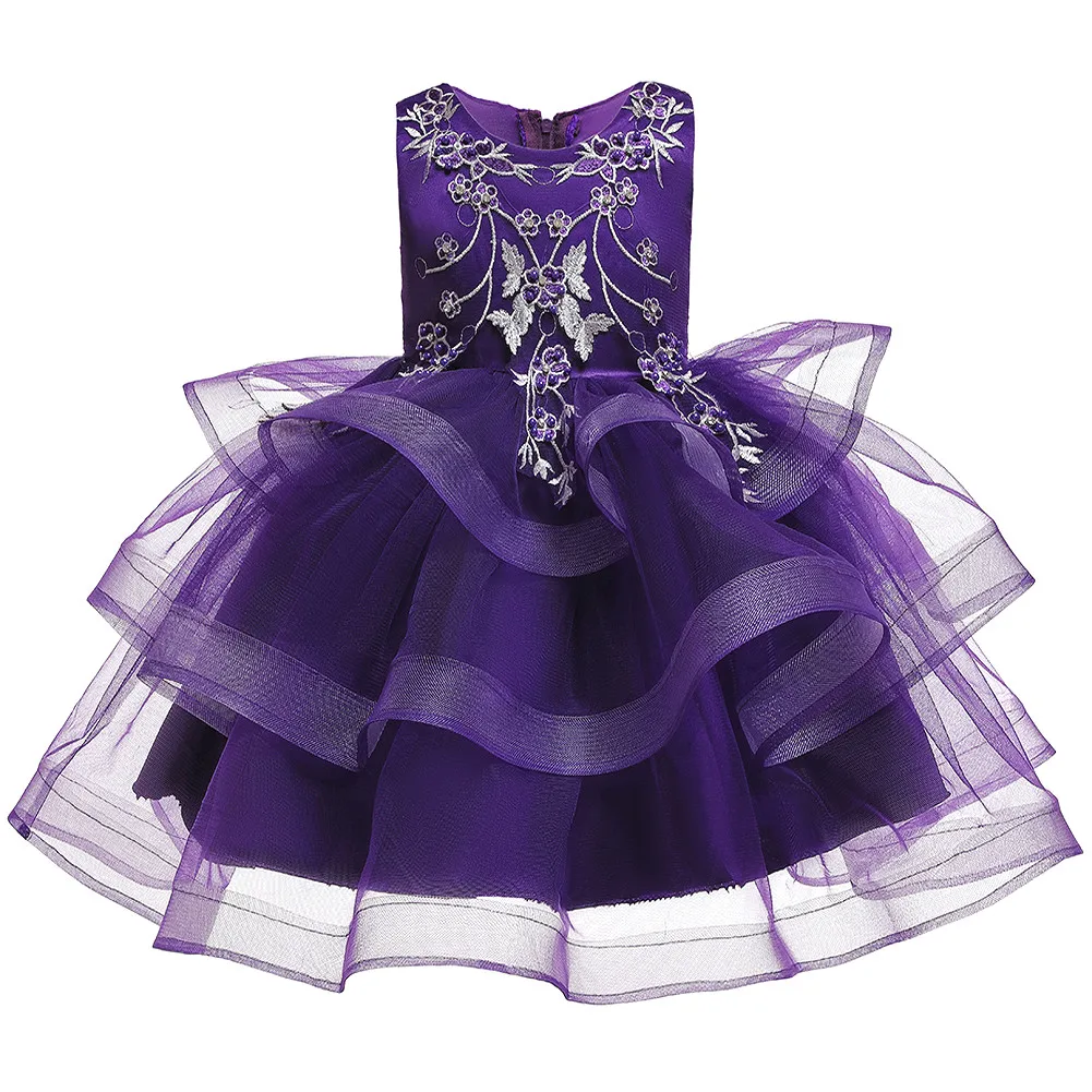 Новые Вечерние платья с вышитыми цветами для маленьких девочек Рождественская одежда для детей на свадьбу детские платья, одежда для 1, 2, 3, 4, 5, 6, 7, 8 лет - Цвет: Purple