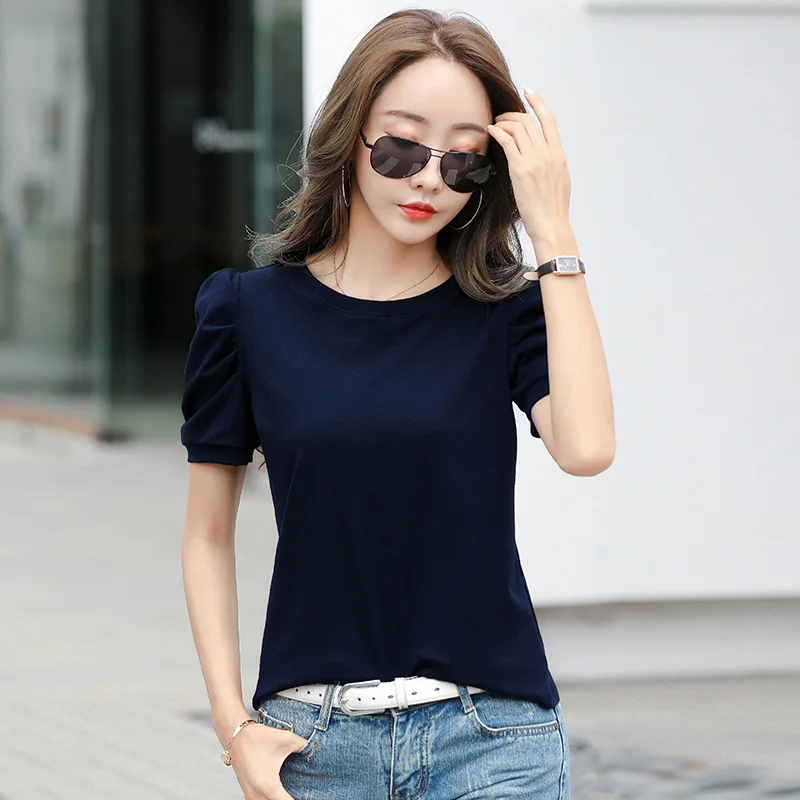 AOSSVIAO Puff Sleeve Basic T-shirt Women Loose Short Sleeve