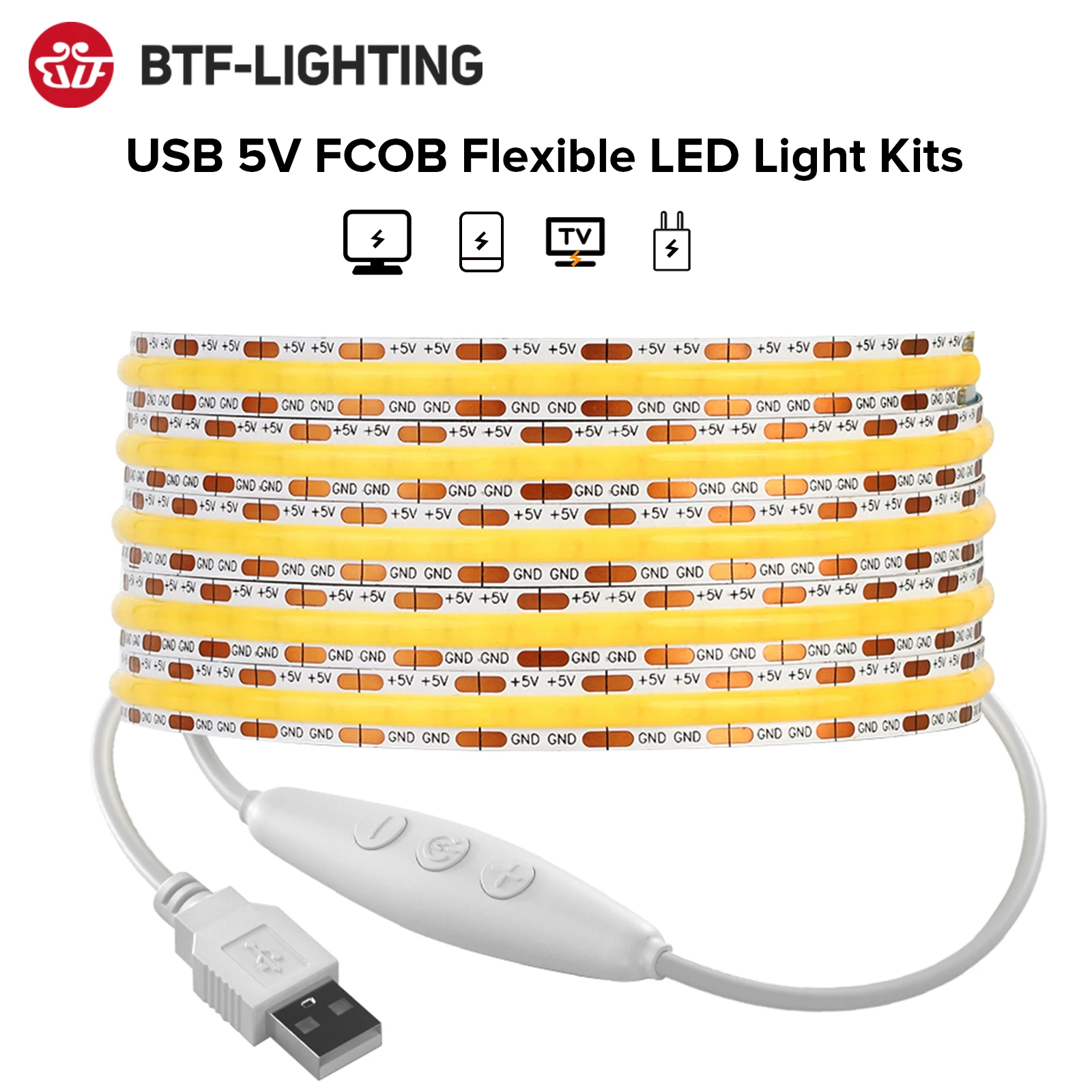 BTF-LIGHTING FCOB LED Strip Lights Alimentazione USB 2m 320LEDs//m COB Dimmerabile Natural White 90+Hight CRI 5V 7W Flessibile ad alta densità per TV Retroilluminazione PC Camera da letto Cucina Casa