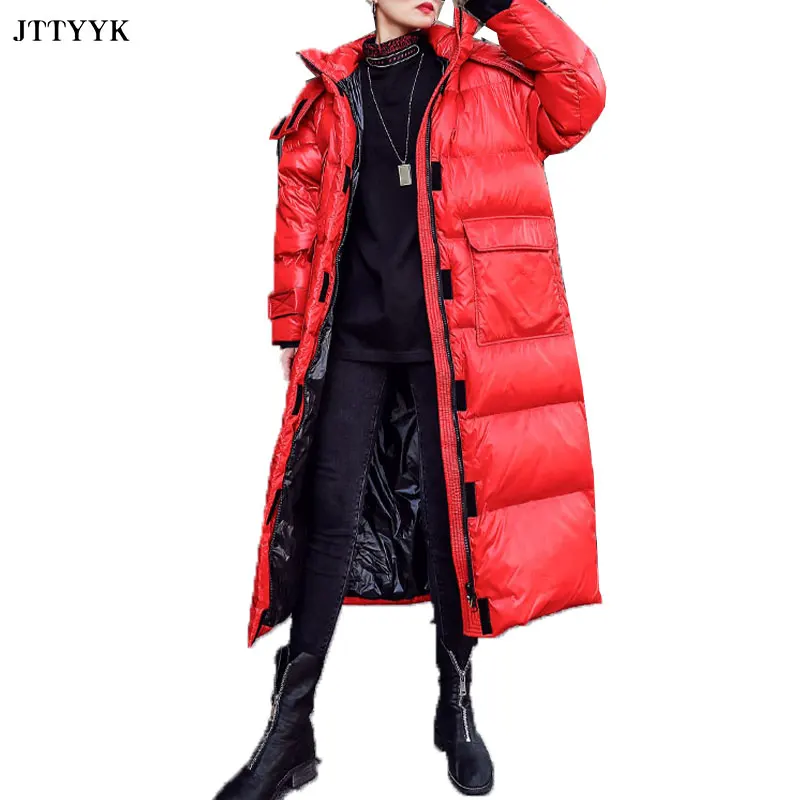 

Winter 2020 Shiny Parker Down cotton Jacket Womens Long Hooded Printed Letter Coat Women Loose Thick Warm Casual Feather Jackets