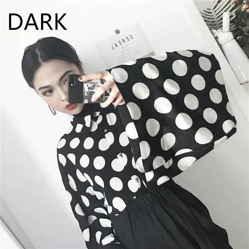 

Spring And Autumn Women's Hong Kong Chic Personality Retro Large Wide Sleeve Polka Dot Loose Thin Shirt Blouse Tide Shirt