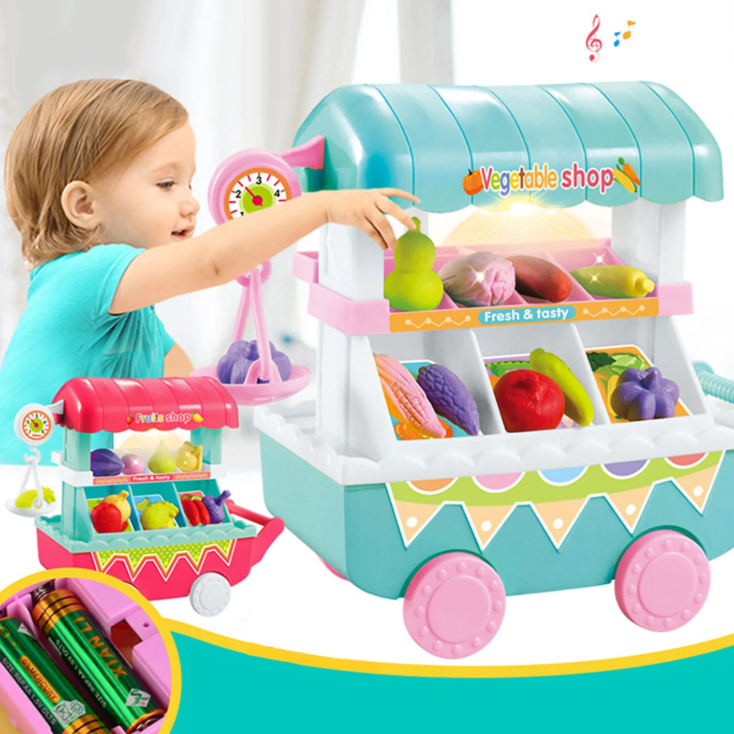 Забавная корзина для покупок, игрушечная мини-игрушка для еды, овощей, фруктов, магазин, тележка с светодиодный светильник, музыка, ролевые игры, продукты, игрушки