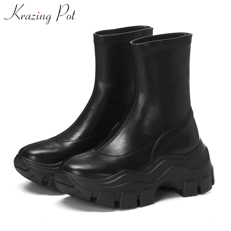 krazing pot Korean style basic thick bottom cow leather stretch boots round toe waterproof women winter solid ankle boots L2f7