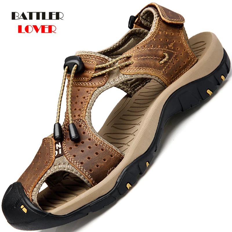 New Men Shoes Genuine Leather Men Sandals Summer Handmade Shoes Man Fashion Outdoor Casual Sneakers Hiking Sandalies Punk Mens