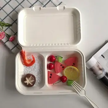 

50Pcs/bag 1000ML Biodegradable Disposable Takeout Food Containers Lunchbox Leak Proof Rice Meal Holder Box with 2 Compartments
