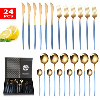 

Stainless Steel Cutlery Set 24 Piece Gold Cutlery Set Tableware Gift Box Knife Fork Spoon Dinnerware Dinner Set Eco Friendly