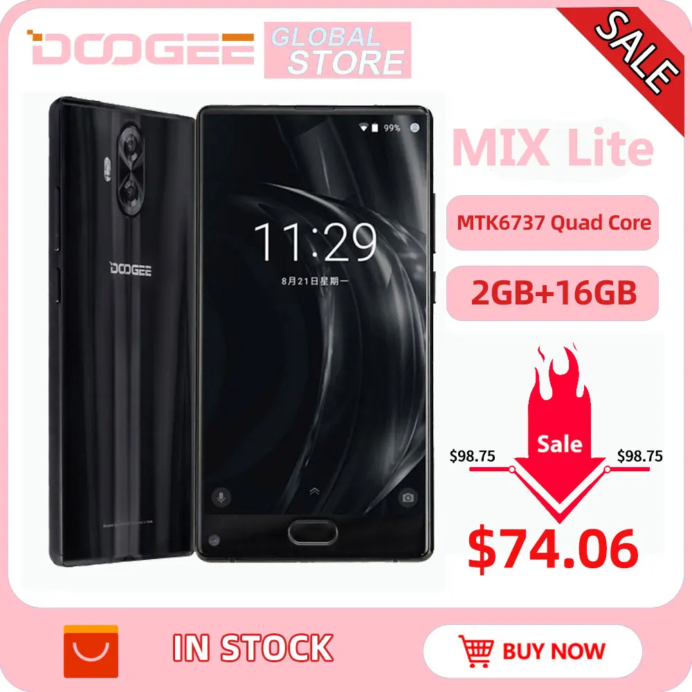 Оригинал DOOGEE MIX Lite мобильный телефон 2 ГБ + 16 двойной Камера 5.2 ''mtk6737 4 ядра android 7.0
